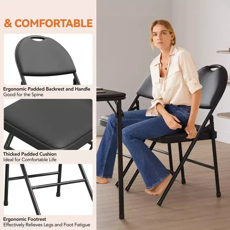 Lot de 4 chaises pliantes noires, chaises pliantes de 4 avec sièges rembourrés, chaises pliantes de salle à manger en tissu de lin de coton pour invités, cuisine, bureau