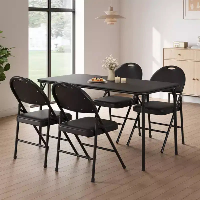 Lot de 4 chaises pliantes noires, chaises pliantes de 4 avec sièges rembourrés, chaises pliantes de salle à manger en tissu de lin de coton pour invités, cuisine, bureau