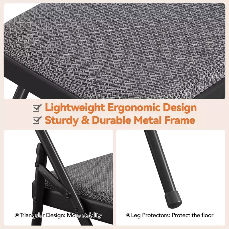 Lot de 4 chaises pliantes noires, chaises pliantes de 4 avec sièges rembourrés, chaises pliantes de salle à manger en tissu de lin de coton pour invités, cuisine, bureau