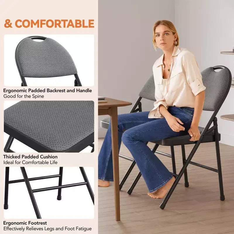 Lot de 4 chaises pliantes noires, chaises pliantes de 4 avec sièges rembourrés, chaises pliantes de salle à manger en tissu de lin de coton pour invités, cuisine, bureau