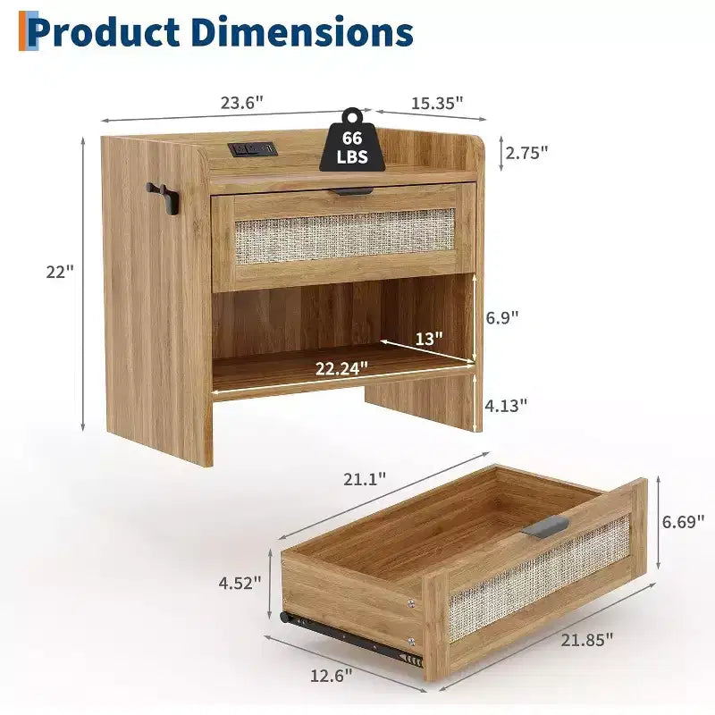 Table de chevet en osier avec station de charge USB-C, table de chevet bohème avec tiroir et compartiment ouvert pour chambre à coucher