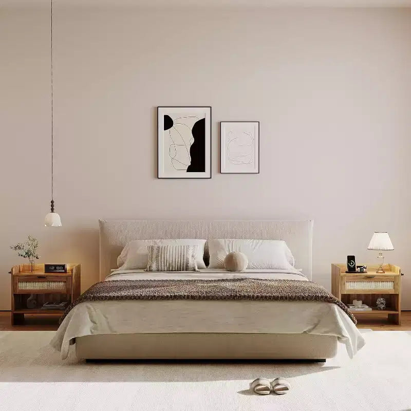 Table de chevet en osier avec station de charge USB-C, table de chevet bohème avec tiroir et compartiment ouvert pour chambre à coucher