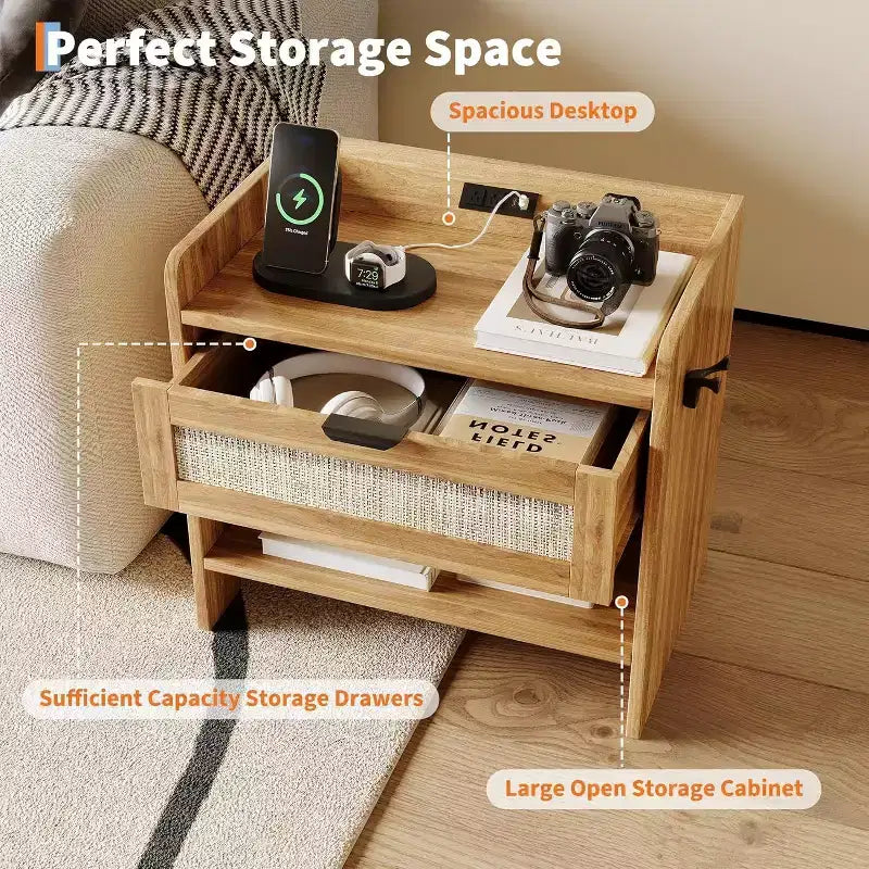 Table de chevet en osier avec station de charge USB-C, table de chevet bohème avec tiroir et compartiment ouvert pour chambre à coucher
