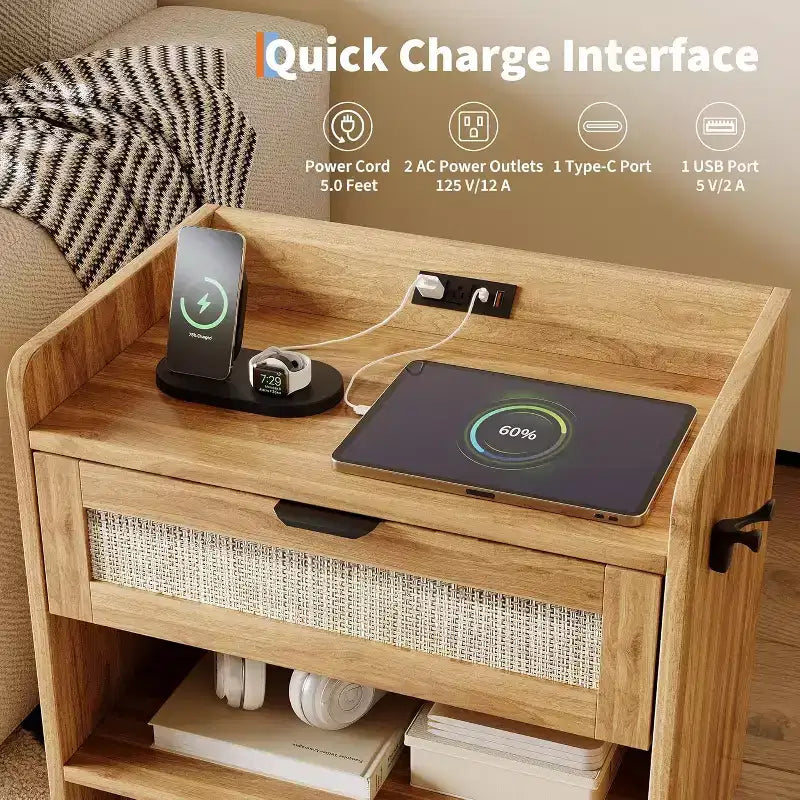 Table de chevet en osier avec station de charge USB-C, table de chevet bohème avec tiroir et compartiment ouvert pour chambre à coucher