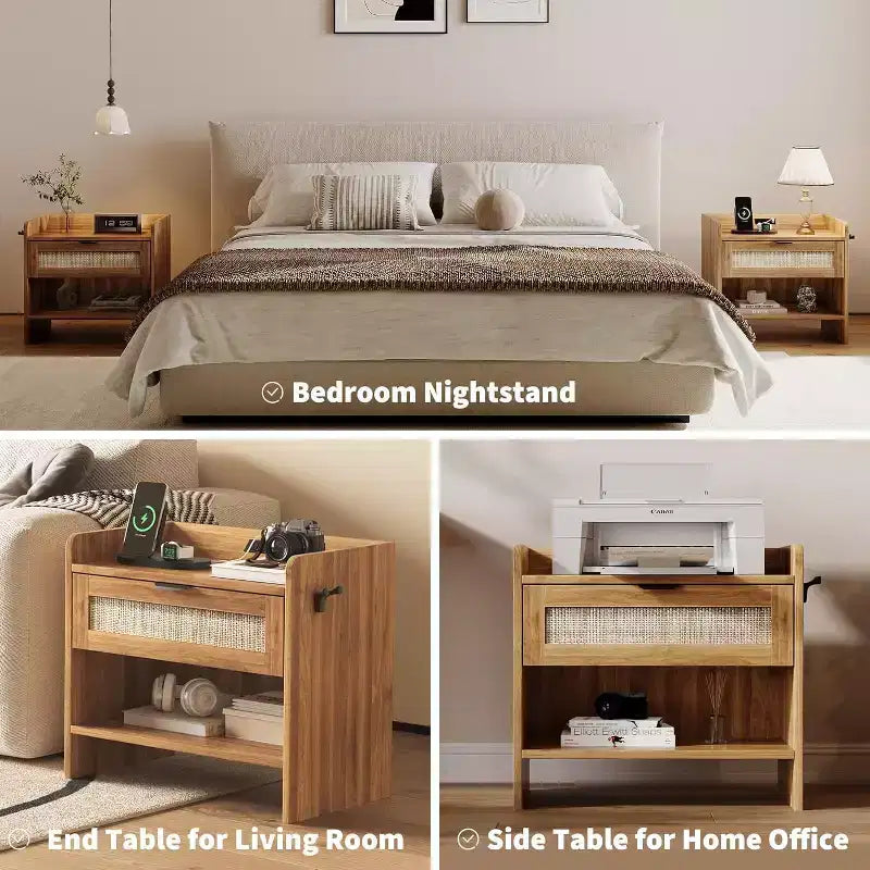 Table de chevet en osier avec station de charge USB-C, table de chevet bohème avec tiroir et compartiment ouvert pour chambre à coucher