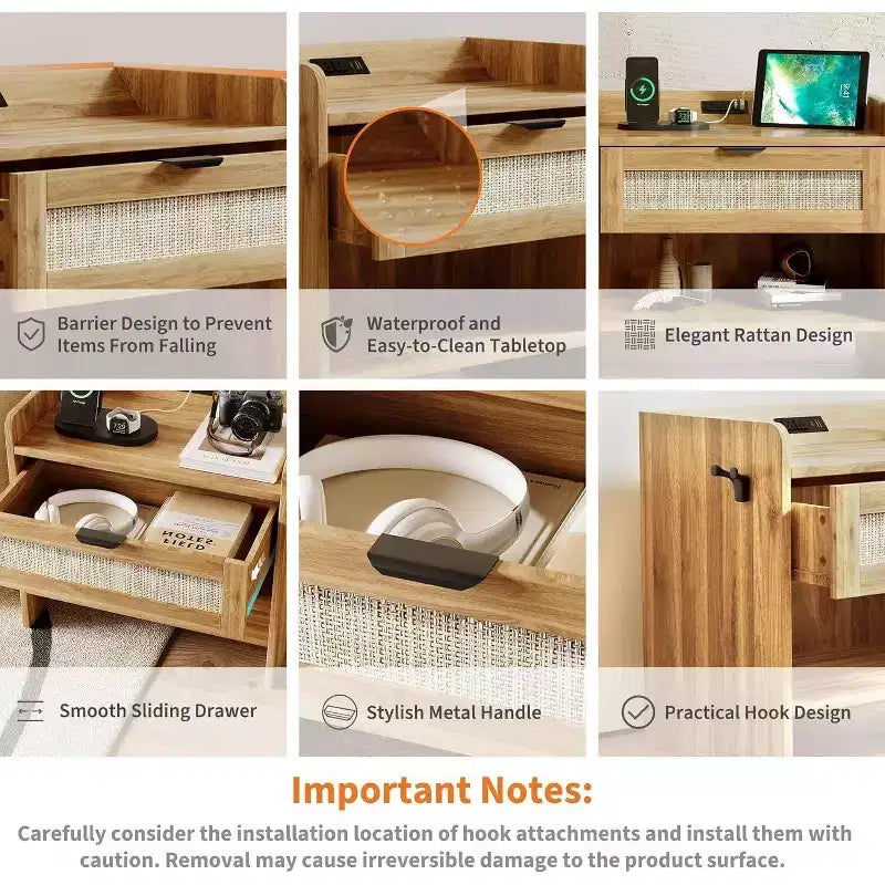Table de chevet en osier avec station de charge USB-C, table de chevet bohème avec tiroir et compartiment ouvert pour chambre à coucher