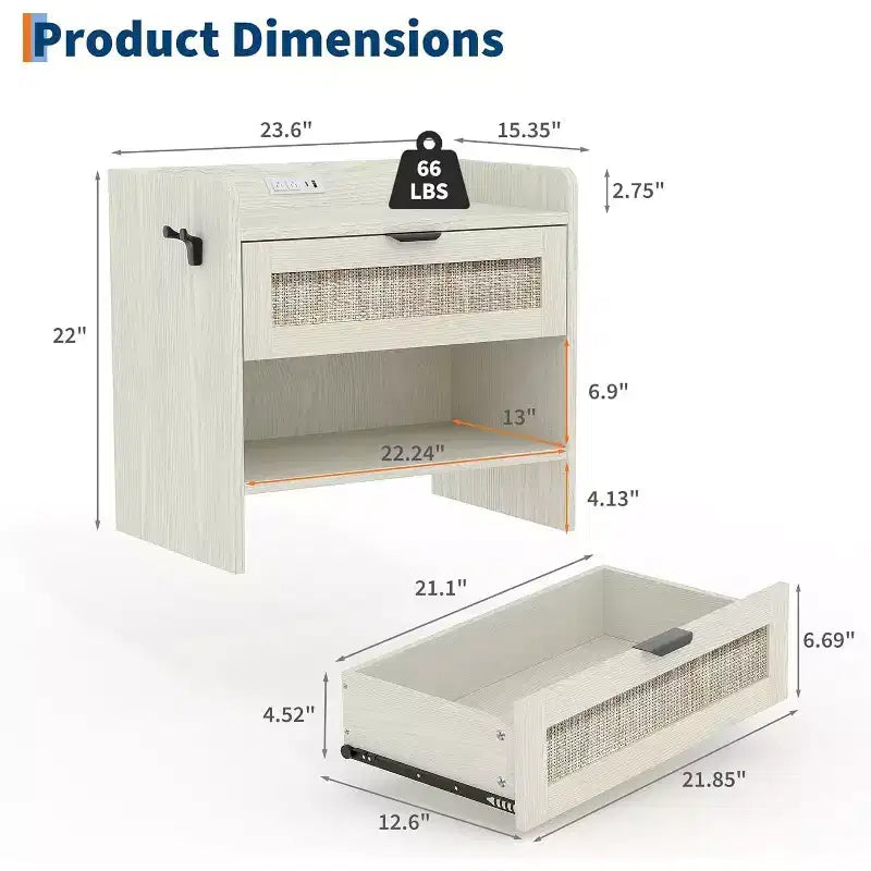 Table de chevet en osier avec station de charge USB-C, table de chevet bohème avec tiroir et compartiment ouvert pour chambre à coucher
