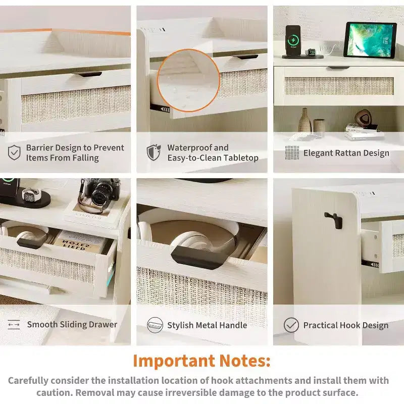 Table de chevet en osier avec station de charge USB-C, table de chevet bohème avec tiroir et compartiment ouvert pour chambre à coucher