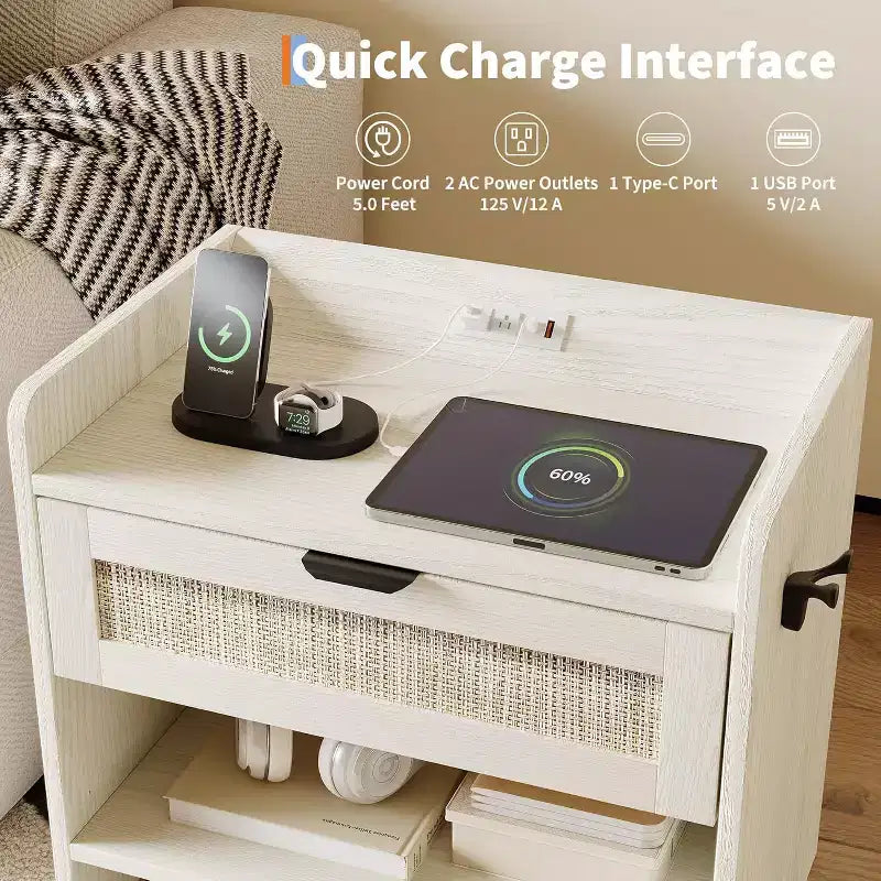 Table de chevet en osier avec station de charge USB-C, table de chevet bohème avec tiroir et compartiment ouvert pour chambre à coucher