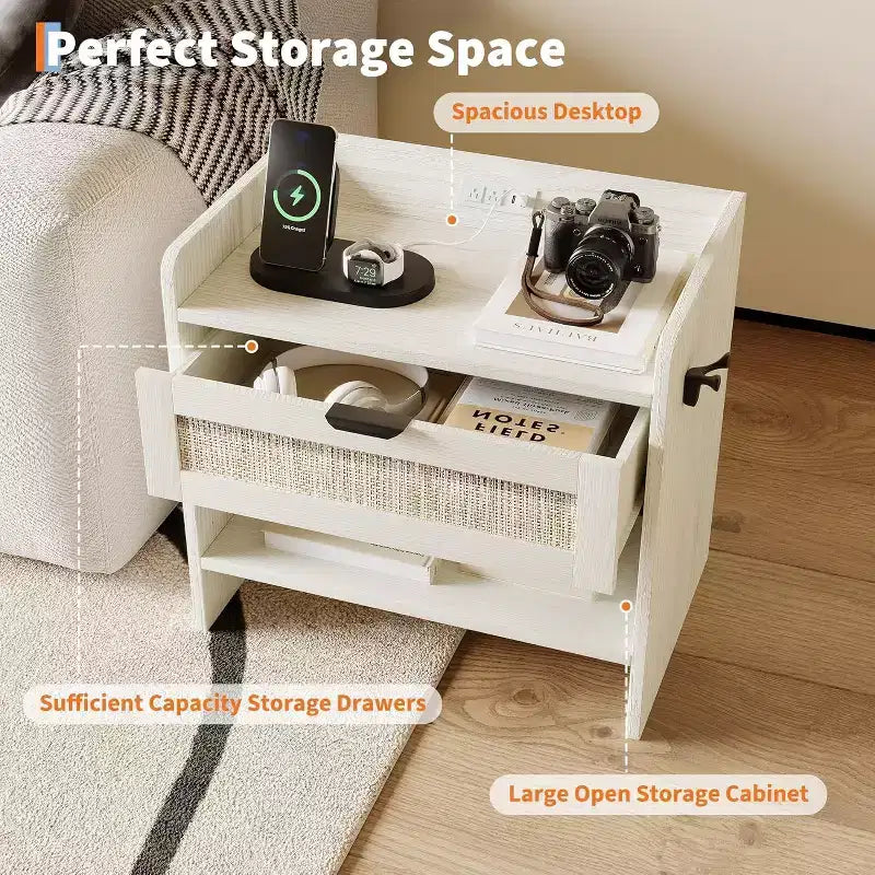 Table de chevet en osier avec station de charge USB-C, table de chevet bohème avec tiroir et compartiment ouvert pour chambre à coucher