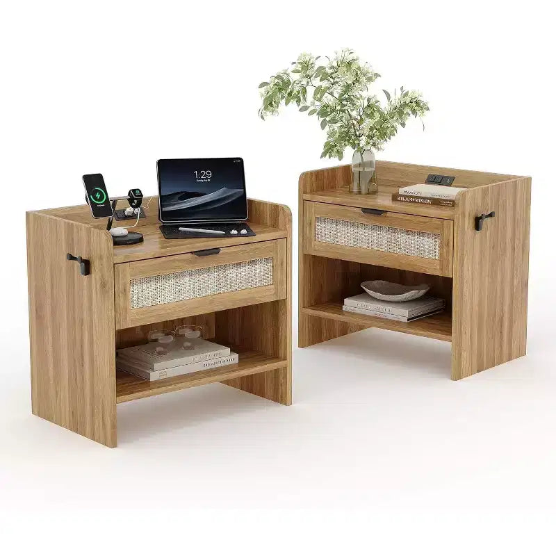 Table de chevet en osier avec station de charge USB-C, table de chevet bohème avec tiroir et compartiment ouvert pour chambre à coucher