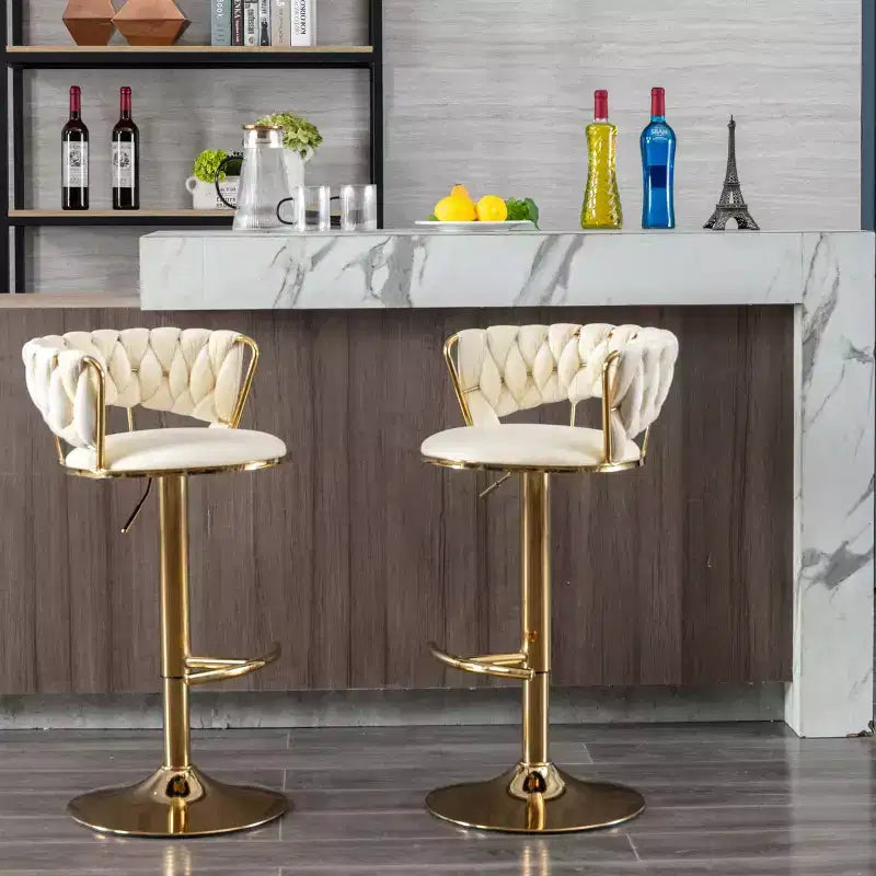 Tabourets de bar en velours avec repose-pieds et base chromés, lot de 2, tabourets de bar pivotants avec levage mécanique réglable, tabourets de hauteur comptoir