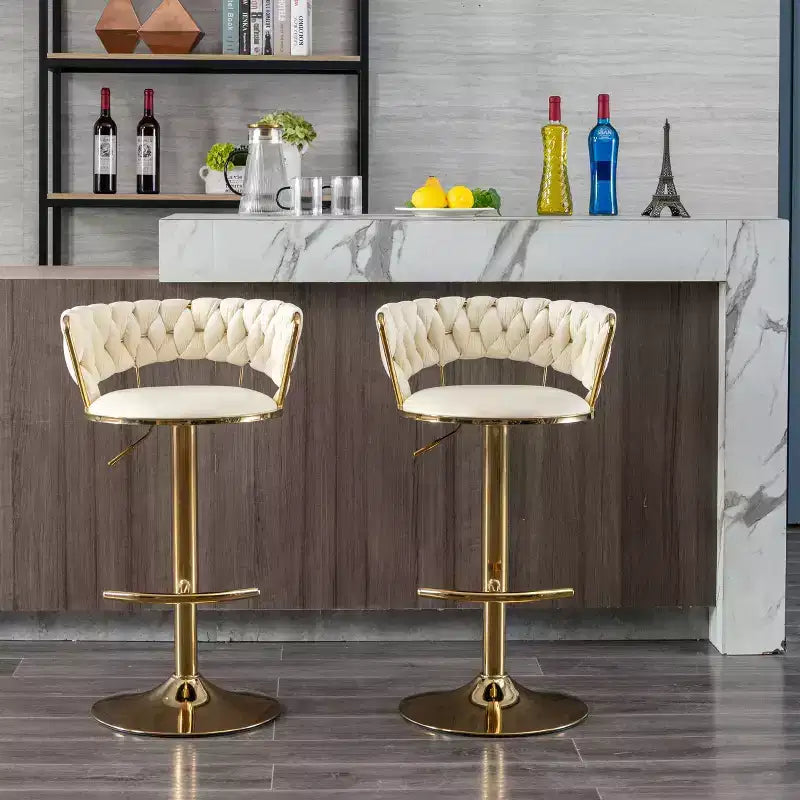 Tabourets de bar en velours avec repose-pieds et base chromés, lot de 2, tabourets de bar pivotants avec levage mécanique réglable, tabourets de hauteur comptoir
