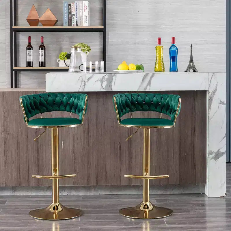 Tabourets de bar en velours avec repose-pieds et base chromés, lot de 2, tabourets de bar pivotants avec levage mécanique réglable, tabourets de hauteur comptoir