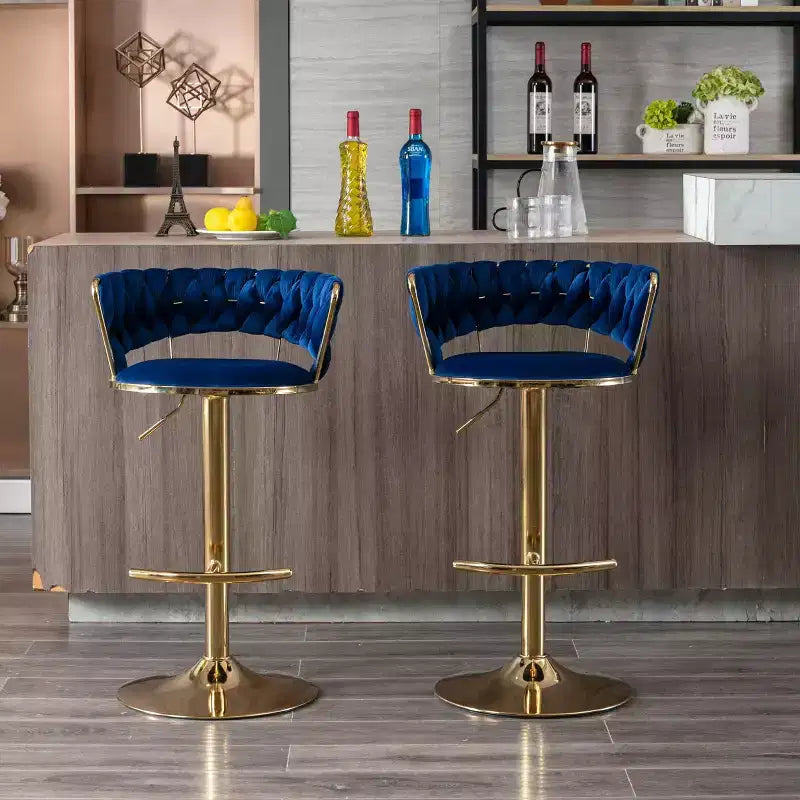 Tabourets de bar en velours avec repose-pieds et base chromés, lot de 2, tabourets de bar pivotants avec levage mécanique réglable, tabourets de hauteur comptoir