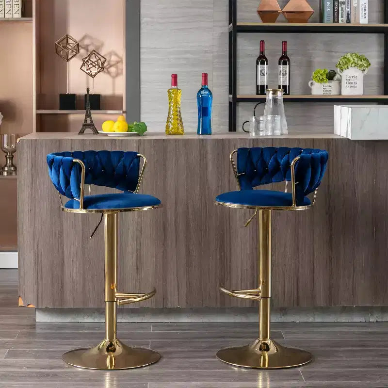 Tabourets de bar en velours avec repose-pieds et base chromés, lot de 2, tabourets de bar pivotants avec levage mécanique réglable, tabourets de hauteur comptoir