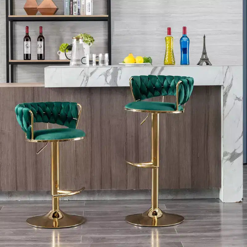 Tabourets de bar en velours avec repose-pieds et base chromés, lot de 2, tabourets de bar pivotants avec levage mécanique réglable, tabourets de hauteur comptoir