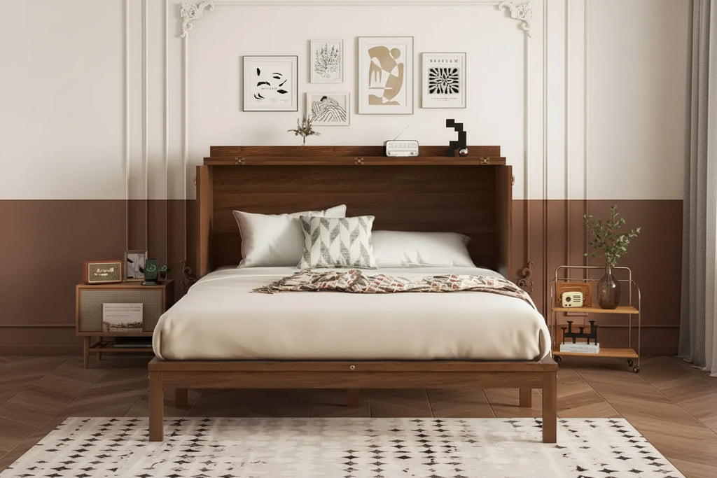 MAYEERTY Queen Size Murphy Bed Pine Wood Cabinet Bed with Power Station and Rattan Decoration Panel Walnut for Bedroom