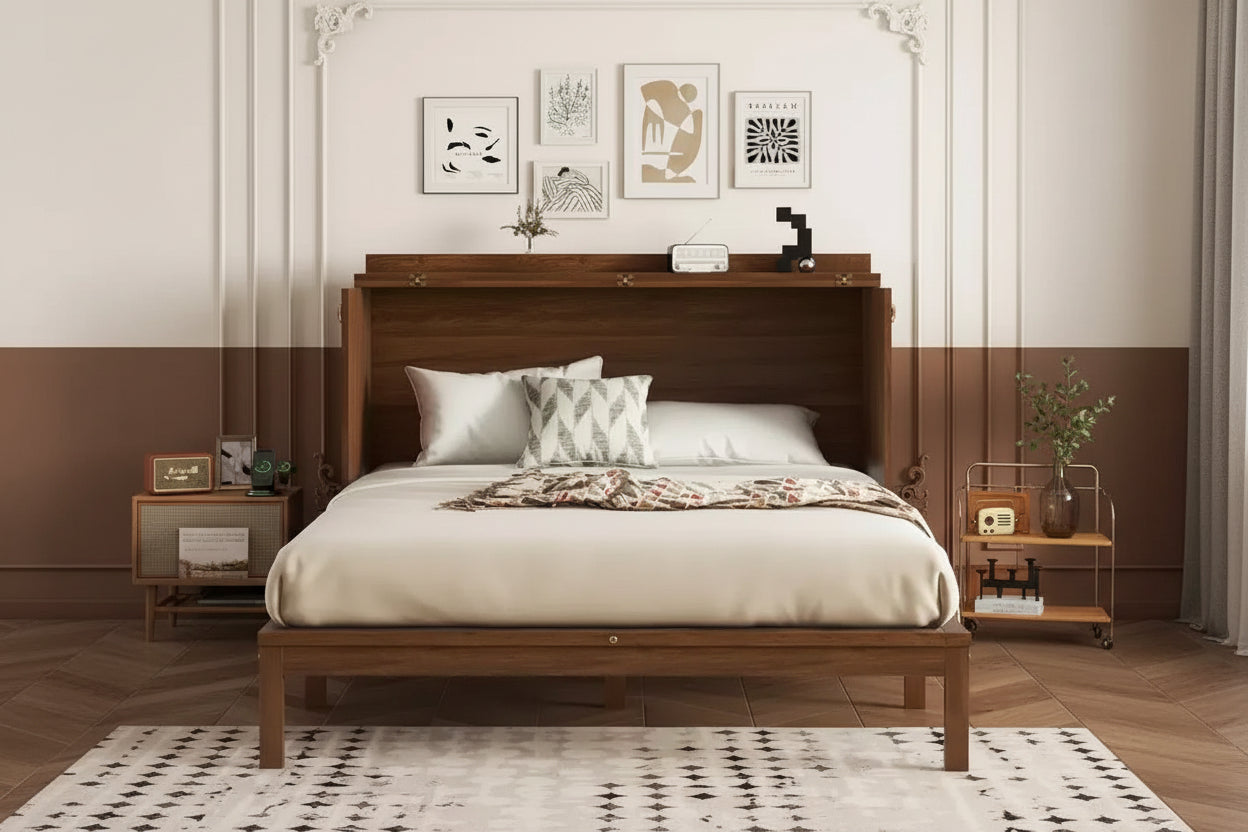 MAYEERTY Queen Size Murphy Bed Pine Wood Cabinet Bed with Power Station and Rattan Decoration Panel Walnut for Bedroom