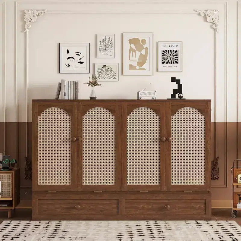 Lit escamotable Queen Size en bois de pin avec station d'alimentation et panneau décoratif en rotin Noyer pour chambre à coucher