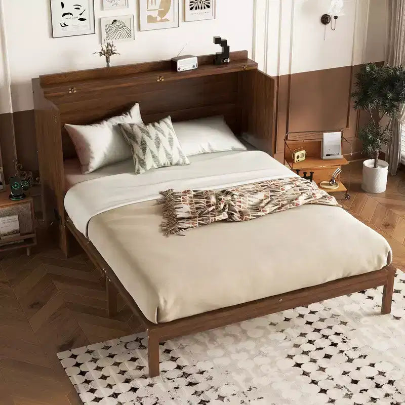 Lit escamotable Queen Size en bois de pin avec station d'alimentation et panneau décoratif en rotin Noyer pour chambre à coucher
