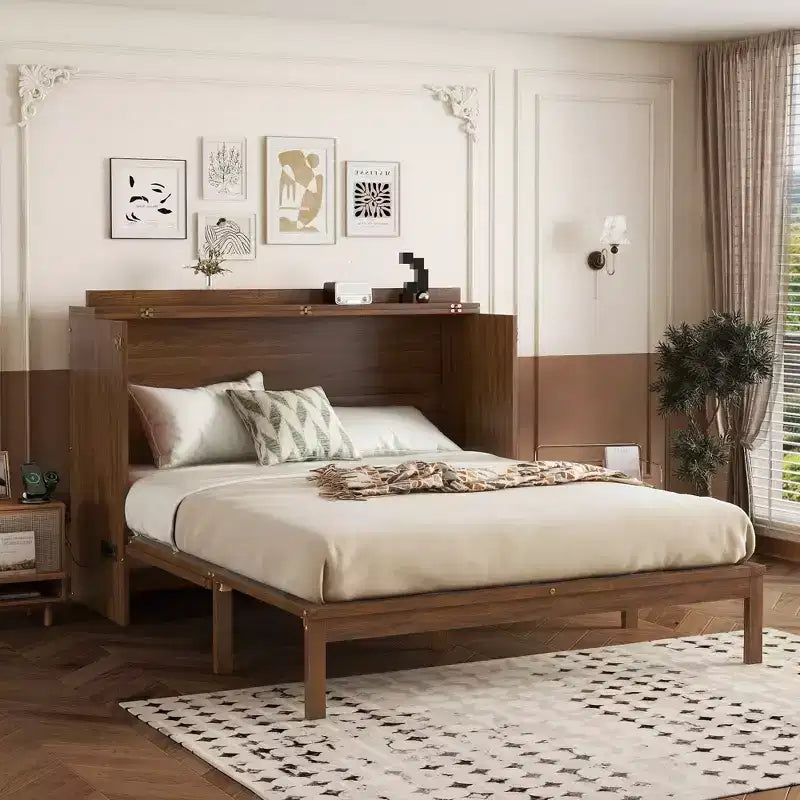 Lit escamotable Queen Size en bois de pin avec station d'alimentation et panneau décoratif en rotin Noyer pour chambre à coucher