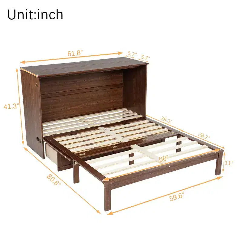 Lit escamotable Queen Size en bois de pin avec station d'alimentation et panneau décoratif en rotin Noyer pour chambre à coucher