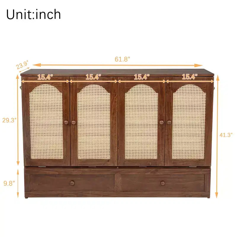 Lit escamotable Queen Size en bois de pin avec station d'alimentation et panneau décoratif en rotin Noyer pour chambre à coucher