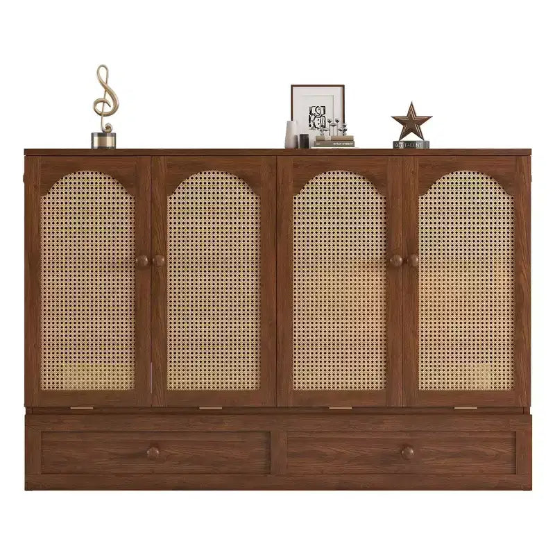 Lit escamotable Queen Size en bois de pin avec station d'alimentation et panneau décoratif en rotin Noyer pour chambre à coucher