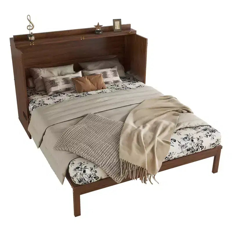 Lit escamotable Queen Size en bois de pin avec station d'alimentation et panneau décoratif en rotin Noyer pour chambre à coucher