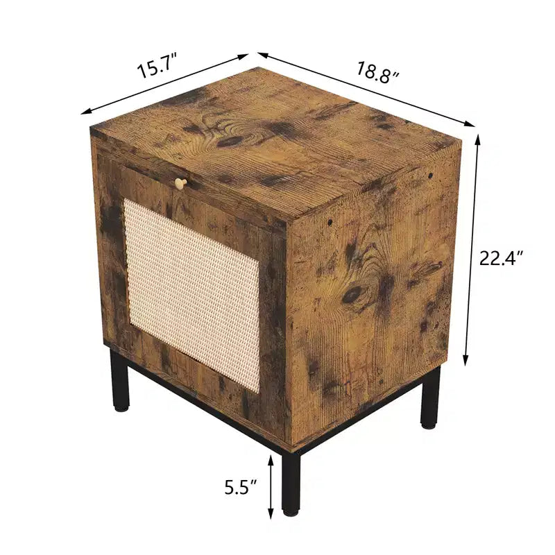 Table de chevet en bois avec porte en rotin, construction durable, design élégant, pour chambre à coucher, salon