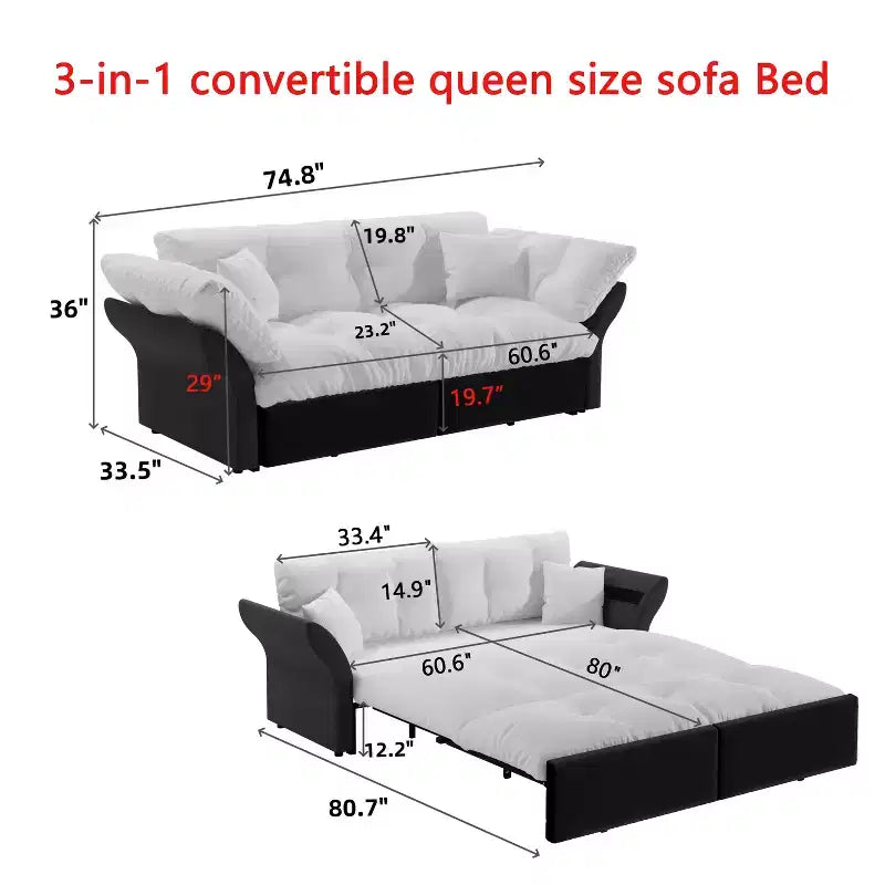 Canapé-lit convertible Queen 74,8 po, 3-en-1, capitonné, avec 2 oreillers moelleux, causeuse multifonctionnelle en velours, bleu