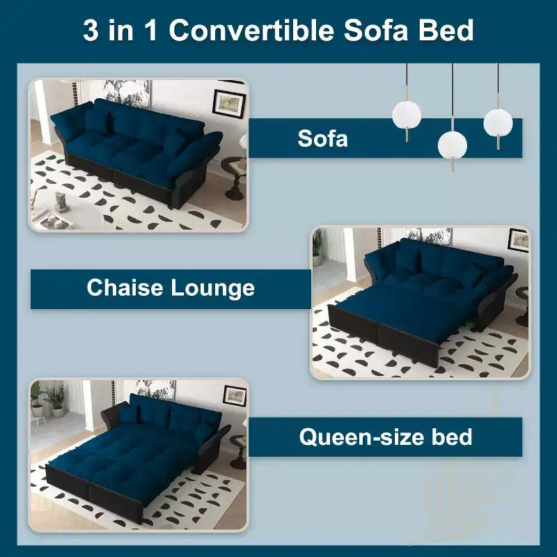 Canapé-lit convertible Queen 74,8 po, 3-en-1, capitonné, avec 2 oreillers moelleux, causeuse multifonctionnelle en velours, bleu