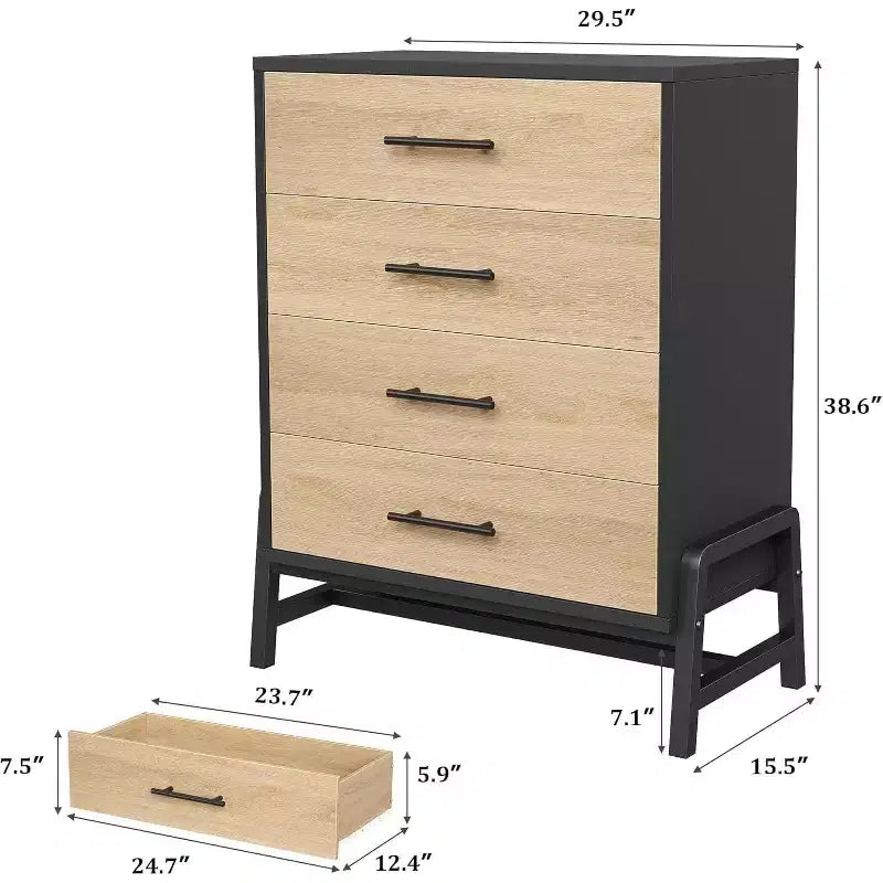 Commode haute à 4 tiroirs, Meuble de rangement de 98 cm de large, Commode moderne en bois pour chambre, salon, entrée, chêne naturel + noir
