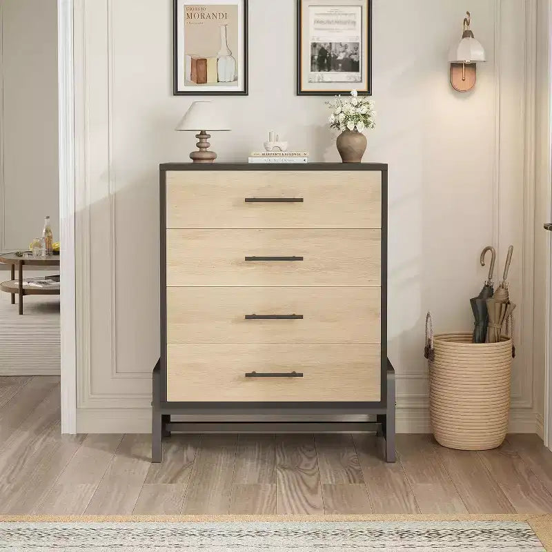 Commode haute à 4 tiroirs, Meuble de rangement de 98 cm de large, Commode moderne en bois pour chambre, salon, entrée, chêne naturel + noir