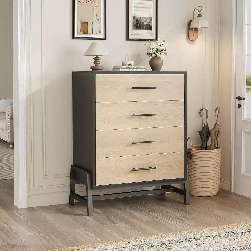 Commode haute à 4 tiroirs, Meuble de rangement de 98 cm de large, Commode moderne en bois pour chambre, salon, entrée, chêne naturel + noir