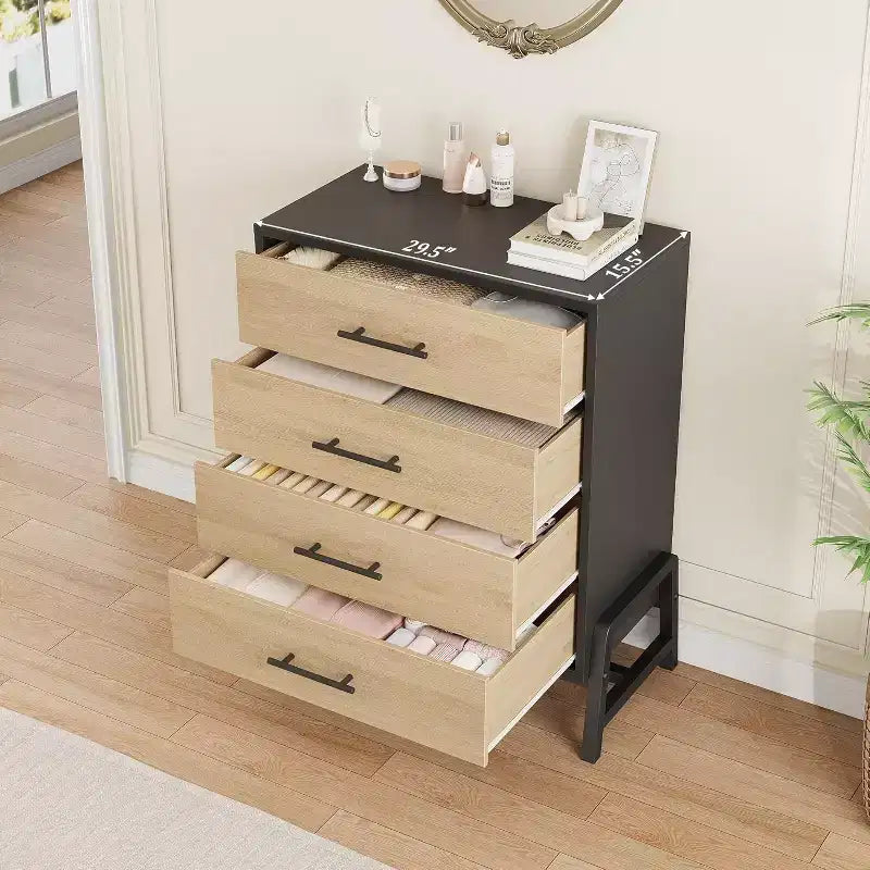 Commode haute à 4 tiroirs, Meuble de rangement de 98 cm de large, Commode moderne en bois pour chambre, salon, entrée, chêne naturel + noir