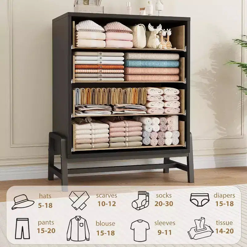 Commode haute à 4 tiroirs, Meuble de rangement de 98 cm de large, Commode moderne en bois pour chambre, salon, entrée, chêne naturel + noir
