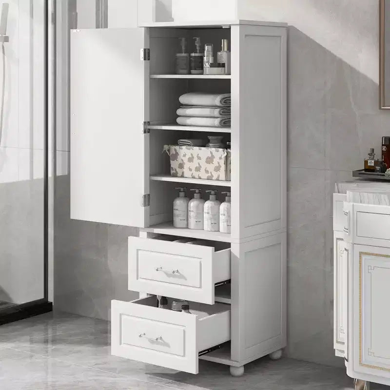 Meuble Colonne de Salle de Bain Autoportant 2 Tiroirs Étagère Réglable MDF Peint Blanc