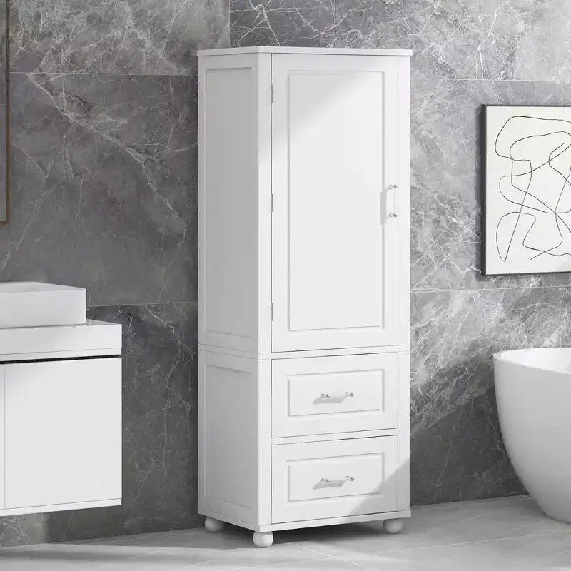 Meuble Colonne de Salle de Bain Autoportant 2 Tiroirs Étagère Réglable MDF Peint Blanc