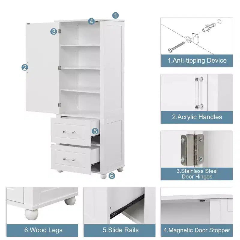 Meuble Colonne de Salle de Bain Autoportant 2 Tiroirs Étagère Réglable MDF Peint Blanc