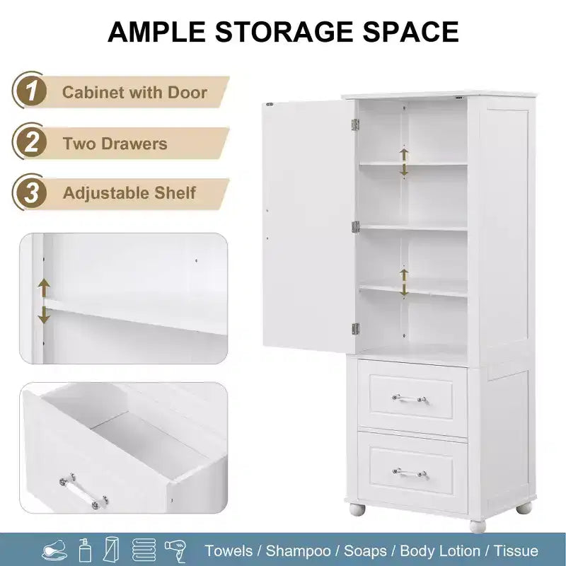 Meuble Colonne de Salle de Bain Autoportant 2 Tiroirs Étagère Réglable MDF Peint Blanc