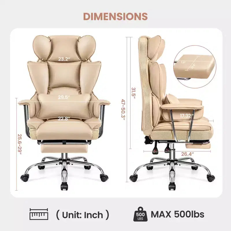 Chaise de bureau, Fauteuil de direction grande taille avec repose-pieds, Dossier haut inclinable ergonomique