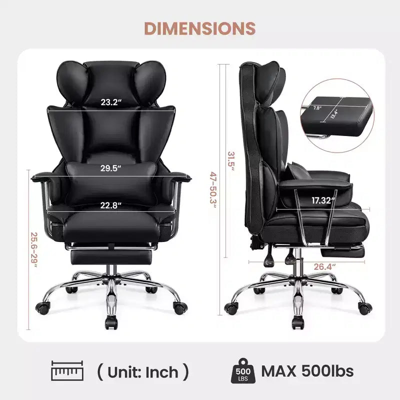 Chaise de bureau, Fauteuil de direction grande taille avec repose-pieds, Dossier haut inclinable ergonomique