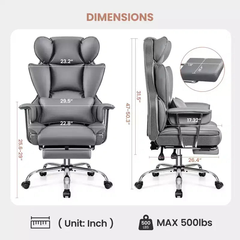 Chaise de bureau, Fauteuil de direction grande taille avec repose-pieds, Dossier haut inclinable ergonomique