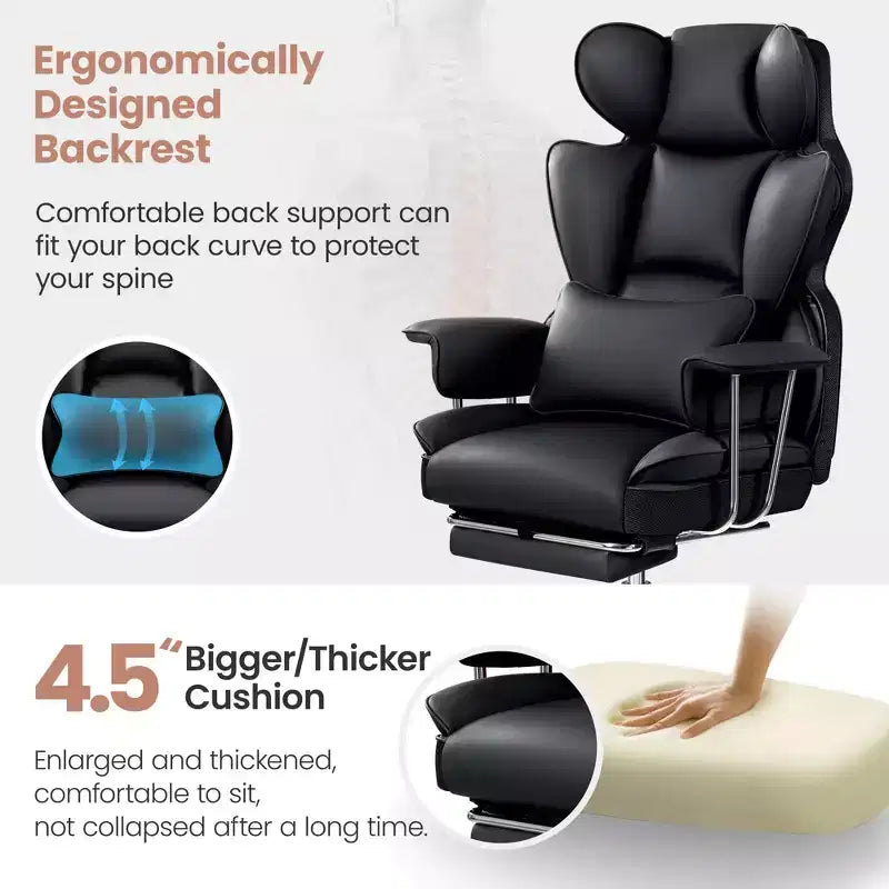Chaise de bureau, Fauteuil de direction grande taille avec repose-pieds, Dossier haut inclinable ergonomique