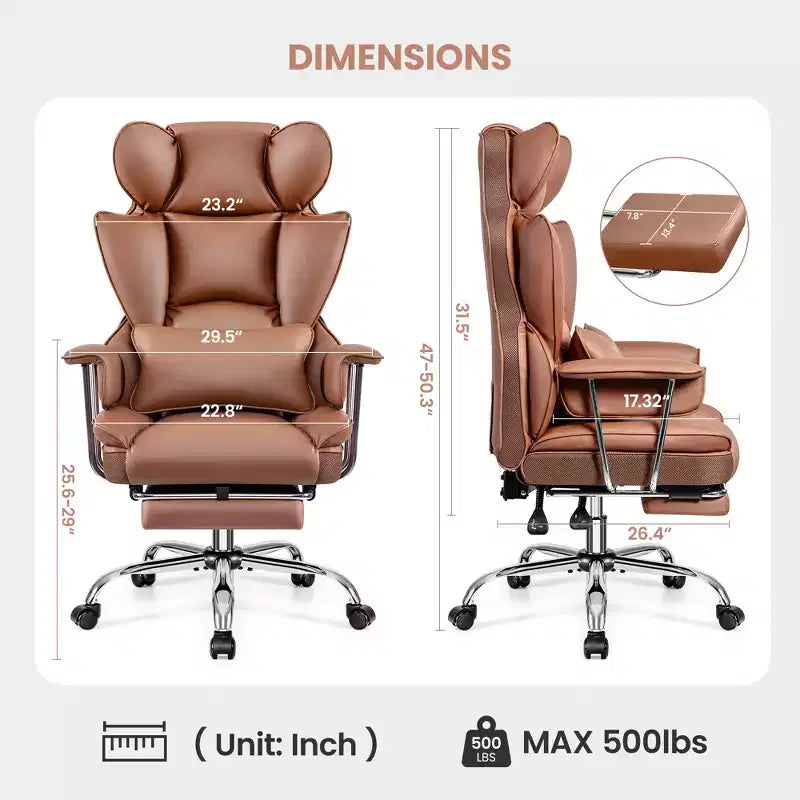 Chaise de bureau, Fauteuil de direction grande taille avec repose-pieds, Dossier haut inclinable ergonomique