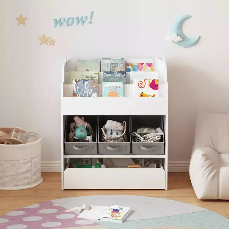 Étagère à livres avec bacs de rangement et tiroir, organisateur de livres en bois multifonctionnel pour les tout-petits pour le salon, blanc