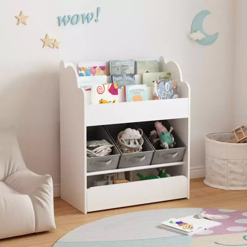 Étagère à livres avec bacs de rangement et tiroir, organisateur de livres en bois multifonctionnel pour les tout-petits pour le salon, blanc