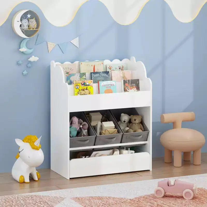 Étagère à livres avec bacs de rangement et tiroir, organisateur de livres en bois multifonctionnel pour les tout-petits pour le salon, blanc